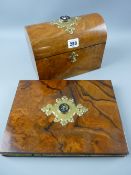 A Victorian burr walnut dome topped stationery casket and document wallet with Gothic style brass