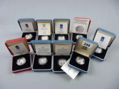 Nine cased Royal Mint silver proof one pound coins, 1990's