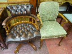 A reproduction button leather effect captain's office chair, 63 cms wide and a walnut upholstered