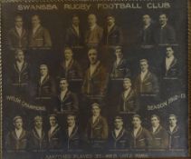 A FRAMED SEPIA PHOTOGRAPH OF SWANSEA RUGBY FOOTBALL CLUB, SEASON 1912-13 each club member in blazer,