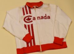 CANADA OLYMPIC TEAM TRACK-SUIT ZIPPED TOP in white and red, possibly Munich 1972 Condition: dirty,