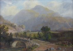 R RICHARD oils on board, a pair, one under glass - lakeside cottages and figures on a track near