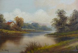 WALTER CUBLEY oil, believed on board - river scene with fishermen, signed and entitled verso '