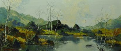 CHARLES WYATT WARREN oil on board - Snowdonia lake scene, signed and entitled original label