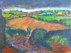 PETER PRENDERGAST mixed media - fields near Kinsale under heavy storm clouds, signed bottom right