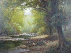 JAMES WILLIAM STAMPER oil on canvas - wooded river scene, signed and entitled to original label