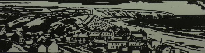ANNE LEWIS limited edition (2/25) linocut - view of Aberdaron, signed and with Welsh title, 10 x