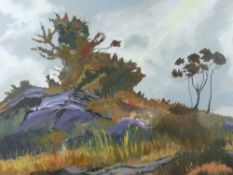 GOMER LEWIS oil on board, unframed - landscape with windswept trees and path, signed and entitled