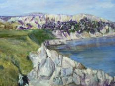 MAVIS GWILLIAM acrylic on board - Anglesey coastalscape, Holy Island, signed, 44 x 60 cms