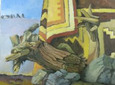 GOMER LEWIS oil on board, unframed - rocks and tree stump, 62 x 77 cms