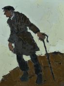 SIR KYFFIN WILLIAMS RA oil on canvas - shepherd in cap and overcoat with his crook on a hillside,