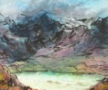 PETER MOORE pen and ink - Llyn Idwal and The Devil's Kitchen by moonlight, signed with initials,