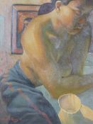 EDWARD POVEY oil on canvas - young semi-naked girl at a table, signed and dated 1991 and entitled