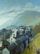 NICK HOLLY acrylic on canvas - South Wales townscape with children playing on a back hillside,