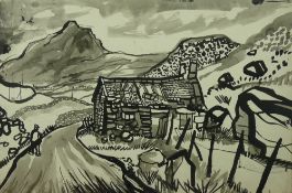 DAVID SMITH pen and ink, mounted but unframed - Snowdonia road, entitled verso 'Ruined Cottage,