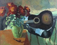 JOHN ELWYN oil on canvas - early career still-life with the artist's pipe on the table next to a