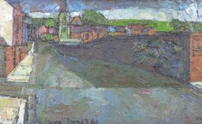 SELWYN JONES oil on board - Caernarfon street and church, signed and entitled verso 'Eglwys' with