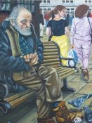 CARL F E HODGSON oil on canvas on stretcher, unframed - old man feeding pigeons on a park bench with