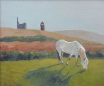 SARA JOHN oil on canvas - white horse grazing with ruins on a hill in the background, signed, 9.5