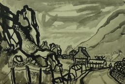 DAVID SMITH pen and ink, mounted but unframed - figure walking in Snowdonia, entitled verso 'North