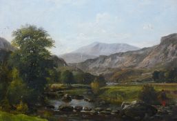 GEORGE R TURNER oil on board, unframed - river scene with figure on rocks, signed verso with