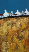 GWYN OWEN acrylic on board - whitewashed Welsh cottages, signed, 63 x 30 cms