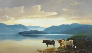 THOMAS FINCHETT oils, two - 1. Pen-y-Parc, Nant Gwydyr, Llanrwst with three cattle watering (