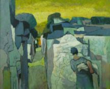 JOHN ELWYN oil on canvas - alleyway scene with woman and basket of washing, signed front and verso