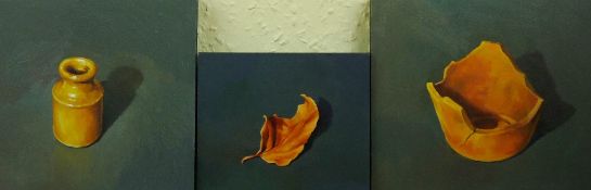 JAMES GUY ECCLESTON trio of small oils on board - each a study of a single object in a slate-grey