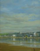 R D BAILEY oil - North Shore, Llandudno with figures on the sands, monogrammed, 19 x 14 cms