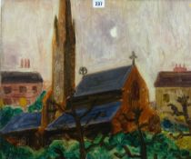 MERVYN LEVY oil on board, unframed - church scene, Redcliffe Gardens, signed, with painting verso