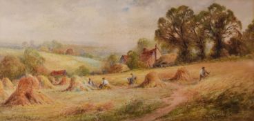 ENGLISH SCHOOL watercolour - harvest scene with figures entitled 'Stringing, Sussex', signed