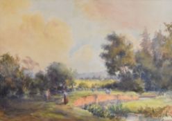 CLAUDE HAYES watercolour - sheep grazing on winding riverbank, signed, 24 x 34cms