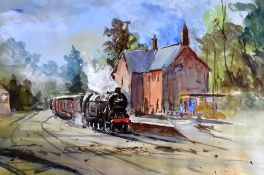 ARNOLD LAWREY watercolour - steam train leaving station, entitled verso 'Bridgenorth in the Last