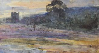 ENGLISH SCHOOL watercolour - figure walking in tree edged field, with castle in background,