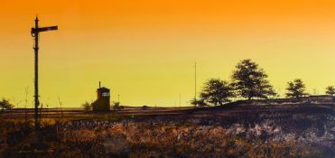 LAURENCE ROCHE oil on card - a distant view across the fields towards a signal box, entitled