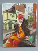 CARL F HODGSON acrylic on canvas - seated lady on a bench in the street, monogrammed and entitled