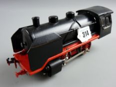 A German electric 01 locomotive in overpainted black and red livery, marked to the cab 'Deutsche