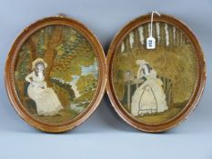 A PAIR OF GEORGIAN EMBROIDERED SILK PANELS, both of young maidens in thoughtful poses before