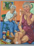 CARL F HODGSON acrylic on canvas, two seated figures entitled verso 'The Final Solution',