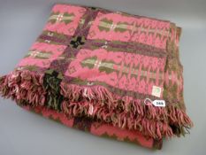 A LARGE PINK AND GREEN WELSH WOOLLEN BLANKET original label for John Jones & Son, Brynkir, Made in