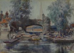 FREDERICK JAMES KERR watercolour - river scene with bridge and houses, signed, 25 x 35cms