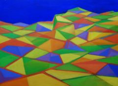 NORMAN CHECKETTS oil on canvas - mountainous landscape in colourful cubist manner, entitled '