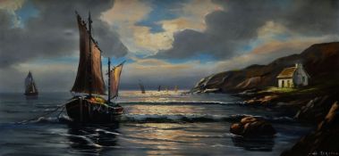 A MENNEC oil on canvas - harboured fishing boats, 58 x 119cms