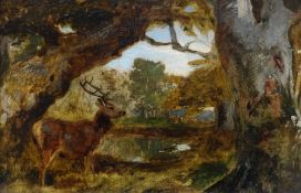 SIR EDWIN LANDSEER RA oil on canvas - study of a standing deer in woodland, entitled with plaque