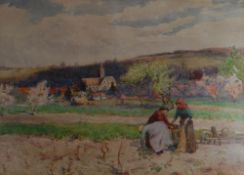 JOSEPH KIRKPATRICK watercolour - rural scene with figures picking vegetables, signed and dated,