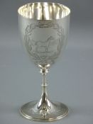 A HALLMARKED SILVER CHALICE with bead decorated stem collars and foot edge, twin laurel leaf