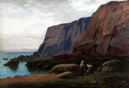 JOSEPH KNIGHT watercolour - two females working on a beach, entitled verso ‘Collecting Seaweed’,