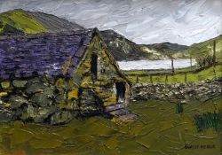 OWEN MEILIR oil on canvas - slate roofed Snowdonia Barn with lake and mountains in background,