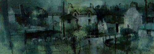 ANDREW DOUGLAS FORBES oil on card - rainy village scene with dog on the road, entitled verso ‘The